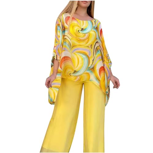 Komiseup Schlafanzug Damen Lang Zweiteiler Pyjama Chiffon Hausanzug Kurzarm Pyjama Set Sommer Outfit Rundhals Tshirts und Gerades Bein mit Taschen Große Größe Freizeitanzug Lässige Loungewear von Komiseup