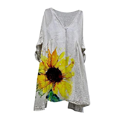 Komiseup Sommer Kleid Damen Baumwolle Leinenkleid Sonnenblume Druck Shirtkleid 3/4-Ärmel Midikleid mit V-Ausschnitt Locker Leicht Strandkleid Teenager Mädchen Freizeitkleid Lässige Sommerkleid S-2XL von Komiseup