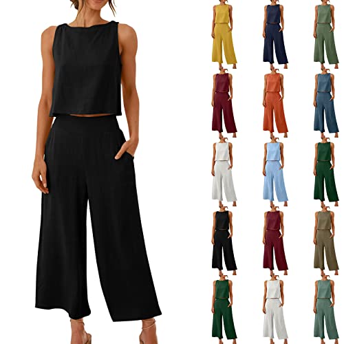 Komiseup Sommer Leinen Outfits Damen Zweiteiler Ärmelloses Crop Tops und Capri Hose mit weitem Bein Elegant Festiva 2 Teiler Hosenanzug Locker Lässige Leinen Set Leichte Einfarbig Freizeitanzug von Komiseup