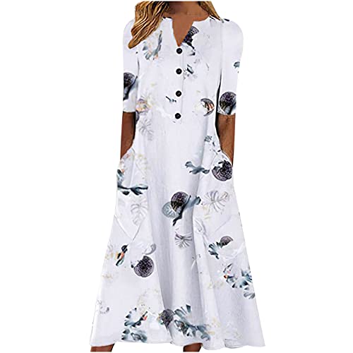 Komiseup Sommerkleid Damen, Kleider Damen, Kleid Damen Elegant, Sommerkleid Damen Knielang Kurzarm Blusenkleid mit V-Ausschnitt Blumen Drucken Midikleid Leicht Sommerkleider A-Linien Boho Strandkleid von Komiseup
