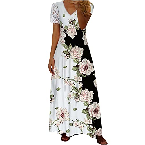 Komiseup Sommerkleid Damen, Kleider Damen Sommer, Kleid Damen Elegant, Damen Sommer Blumendruck Lässig V-Ausschnitt Spitze Kurzarm Langes Kleid Boho Strandkleid Freizeitkleid von Komiseup