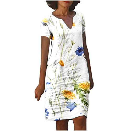 Komiseup Sommerkleid Damen, Kleider Damen Sommer, Kleid Damen Elegant, Leinenkleid Damen Sommer Lockere Lässige V-Ausschnitt Bunt Bedruckte Kurzarm Baumwolle Leinen Boho Strandkleid Freizeitkleid von Komiseup
