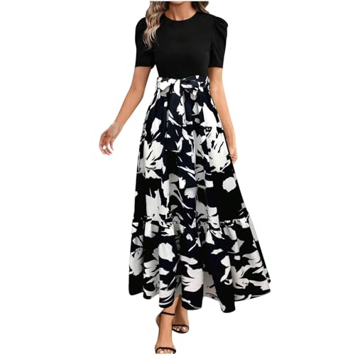 Komiseup Sommerkleid Damen Hoher Taille Cocktailkleid Boho Strandkleid Locker Kurzarm/Ärmellos Blusenkleid Elegant Blumendruck Freizeitkleid Lässig Rundhals/V-Ausschnitt Abendkleid Plissee Maxikleid von Komiseup