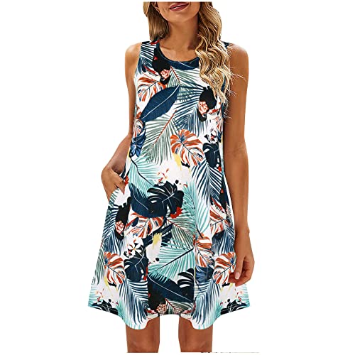 Komiseup Sommerkleid Damen Knielang Leichte Sommerkleider Rundhals Strandkleid Ärmellos Swing Kleider mit Taschen Lose Tank-Kleid Elegant Blumenkleid Bunt Boho Kleid Kurz Freizeitkleid von Komiseup