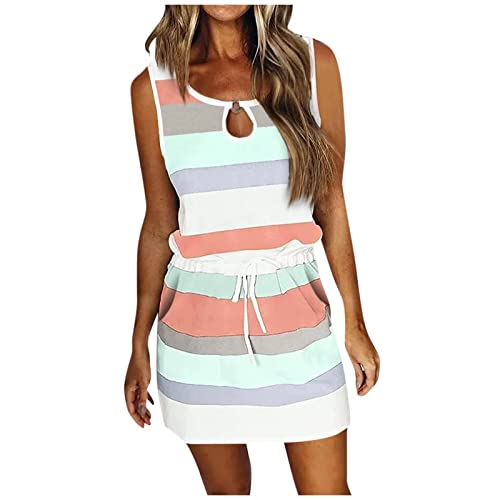 Komiseup Sommerkleid Damen Kurz Tank Kleid Damen Sommer Gestreifte Minikleid Damen Ärmellos aushöhlen Rundhals Kleider mit Tasche Strandkleid Sommerkleider Teenager Mädchen Trägerkleid Partykleid von Komiseup