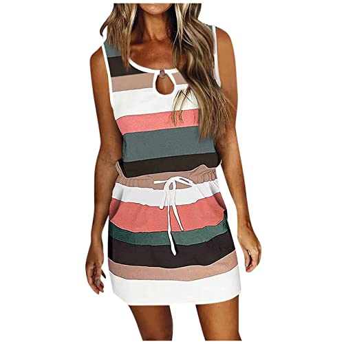 Komiseup Sommerkleid Damen Kurz Tank Kleid Damen Sommer Gestreifte Minikleid Damen Ärmellos aushöhlen Rundhals Kleider mit Tasche Strandkleid Sommerkleider Teenager Mädchen Trägerkleid Partykleid von Komiseup