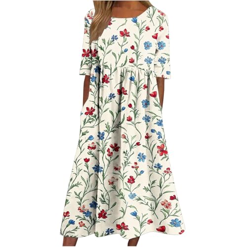 Komiseup Sommerkleid Damen Lang Boho Strandkleid mit Taschen Kurzarm Rundhals Blusenkleid Vintage Blumendruck Freizeitkleid Hoher Taille Plissee Cocktailkleid Casual Lose Shirtkleid für Frauen S-3XL von Komiseup