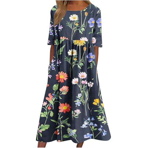 Komiseup Sommerkleid Damen Lang Boho Strandkleid mit Taschen Kurzarm Rundhals Blusenkleid Vintage Blumendruck Freizeitkleid Hoher Taille Plissee Cocktailkleid Casual Lose Shirtkleid für Frauen S-3XL von Komiseup