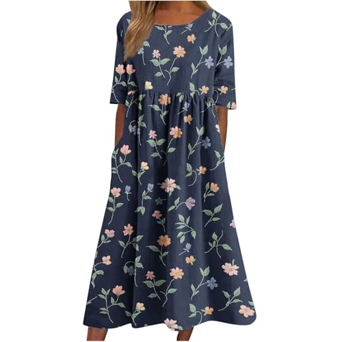 Komiseup Sommerkleid Damen Lang Boho Strandkleid mit Taschen Kurzarm Rundhals Blusenkleid Vintage Blumendruck Freizeitkleid Hoher Taille Plissee Cocktailkleid Casual Lose Shirtkleid für Frauen S-3XL von Komiseup