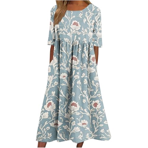 Komiseup Sommerkleid Damen Lang Boho Strandkleid mit Taschen Kurzarm Rundhals Blusenkleid Vintage Blumendruck Freizeitkleid Hoher Taille Plissee Cocktailkleid Casual Lose Shirtkleid für Frauen S-3XL von Komiseup