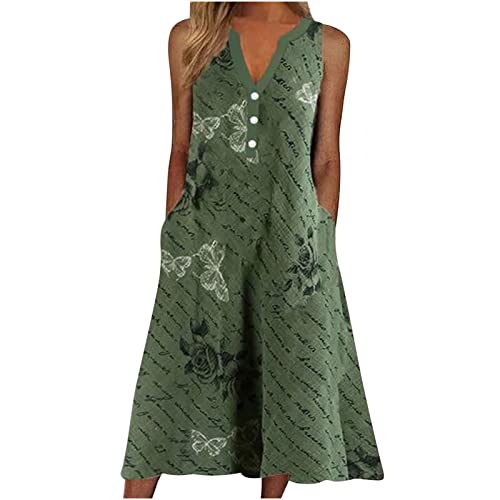 Komiseup Sommerkleid Damen ärmellos Sommer Casual V-Ausschnitt Freizeitkleid Elegant Blumendruck Grün Strandkleid Lose mit Taschen von Komiseup