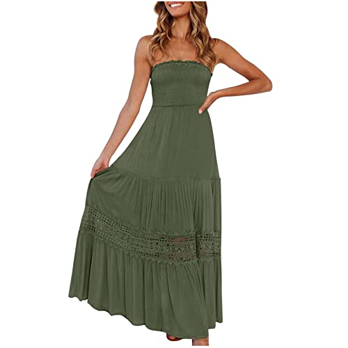 Komiseup Strandkleid Damen Sommer, Bandeau Kleid Lang Schulterfreies Sommerkleid Sexy Trägerlos Off Shoulder Rückenfrei Spitzenbesatz Maxikleid Swing A Line Langes Kleider Boho Kleid Partykleid von Komiseup