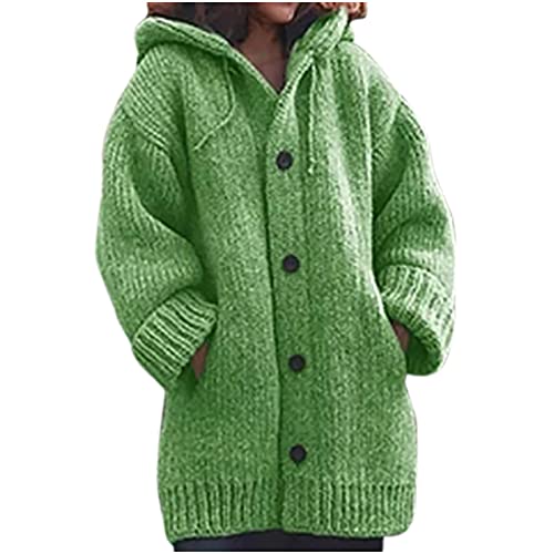 Komiseup Strickjacke Damen Einfarbig Grobstrick-Cardigan mit Knöpfen Lang Winter Grobstrickjacke Strickmantel mit Kapuze Strickcardigan Offener Strickjacken ÜBergangsjacke Wintermäntel von Komiseup