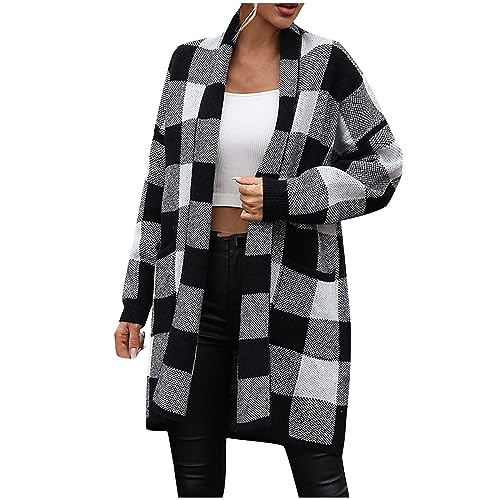 Komiseup Strickjacke Damen Lang Baumwolle Karierte Strickjacken Cardigan Jacke Oversize Offen Herbst Winter Outerwear von Komiseup