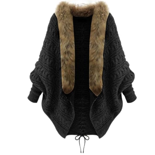 Komiseup Strickjacken für Damen Elegant Schaljacke offene Strickjacke mit Pelzkragen Einfarbiger Cardigan mit Quasten Langarm Winter Warm Mantel Jacke von Komiseup