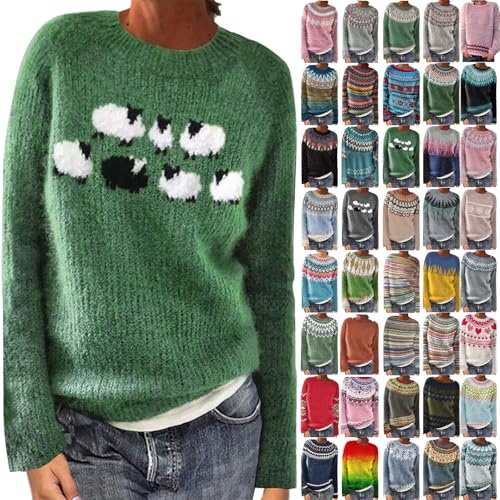 Komiseup Strickpullover Damen 2024 Norweger Pullover Kaschmir Grobstrick Winterpullover Mode Norwegermuster Strickpulli Winter Rundhals Pulli Oversized Warm Wollpullover Langarm Weihnachten Sweater von Komiseup
