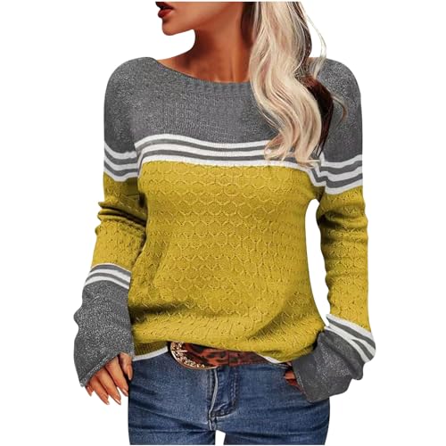 Komiseup Strickpullover Damen Winter Rundhals Pullover Elegant Colorblock Strickpulli Bequem Gestrickter Winterpullover Warm Wollpullover Casual Kaschmir Pulli Slim Fit Gestreift Sweater Strickwaren von Komiseup