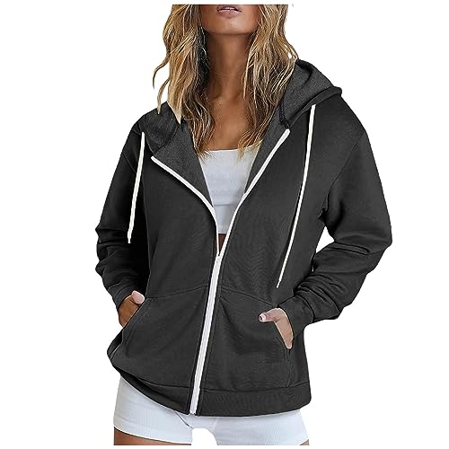 Komiseup Sweatjacke Damen Hoodie - Damen Einfarbig Kapuzenjacke Kapuzenpullover Vintage Oversize Sweatjacke Sweatshirt College Jacke Übergangsjacke Herbst Winter Langarm Zip Hoodie Hoody mit Kapuze von Komiseup