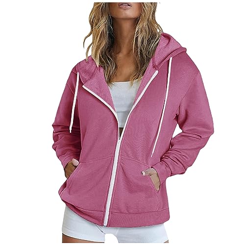 Komiseup Sweatjacke Damen Hoodie - Damen Einfarbig Kapuzenjacke Kapuzenpullover Vintage Oversize Sweatjacke Sweatshirt College Jacke Übergangsjacke Herbst Winter Langarm Zip Hoodie Hoody mit Kapuze von Komiseup