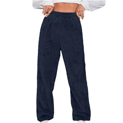 Komiseup Teddy Fleece Hosen Damen Warm Plüsch Jogginghose Winter Lang Pyjamahose Sherpa Fleece Haushose Flauschig Thermohose Einfarbige Yogahose Bär Muster Fleecehose Elastische Taille Winterhose von Komiseup