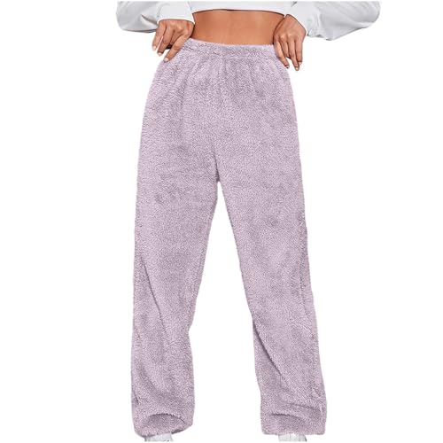 Komiseup Teddy Fleece Hosen Damen Warm Plüsch Jogginghose Winter Lang Pyjamahose Sherpa Fleece Haushose Flauschig Thermohose Einfarbige Yogahose Bär Muster Fleecehose Elastische Taille Winterhose von Komiseup