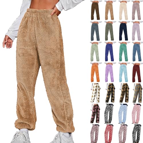 Komiseup Teddy Fleece Hosen Damen Warm Plüsch Jogginghose Winter Lang Pyjamahose Sherpa Fleece Haushose Flauschig Thermohose Einfarbige Yogahose Bär Muster Fleecehose Elastische Taille Winterhose von Komiseup