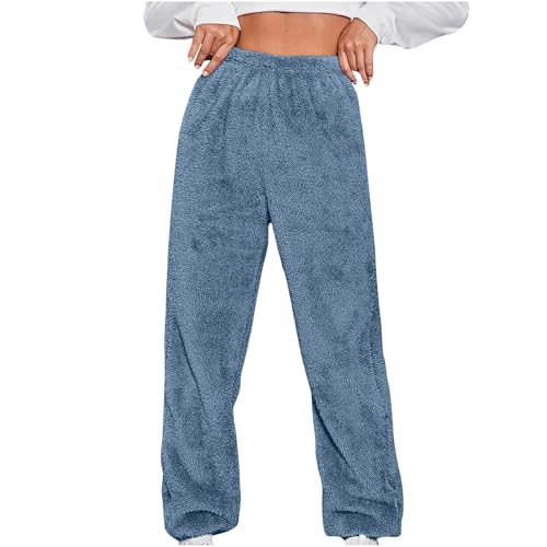 Komiseup Teddy Fleece Hosen Damen Warm Plüsch Jogginghose Winter Lang Pyjamahose Sherpa Fleece Haushose Flauschig Thermohose Einfarbige Yogahose Bär Muster Fleecehose Elastische Taille Winterhose von Komiseup