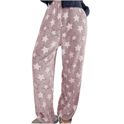 Komiseup Teddy Fleece Hosen Damen Warm Plüsch Jogginghose Winter Lang Pyjamahose Sherpa Fleece Haushose Flauschig Thermohose Einfarbige Yogahose Bär Muster Fleecehose Elastische Taille Winterhose von Komiseup