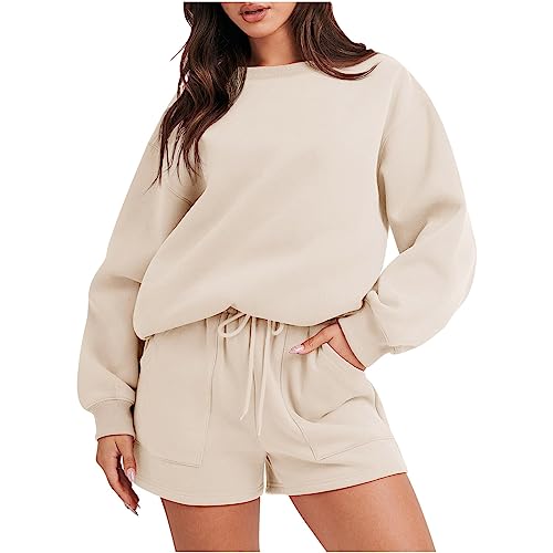 Komiseup Traingsanzug Damen Jogginganzug Einfarbig Oversize Sweatshirt Lange Ärmel Top + Shorts Sportanzug 2 StückTracksuit Outfit von Komiseup