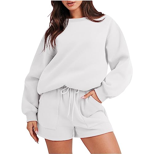 Komiseup Traingsanzug Damen Jogginganzug Einfarbig Oversize Sweatshirt Lange Ärmel Top + Shorts Sportanzug 2 StückTracksuit Outfit von Komiseup