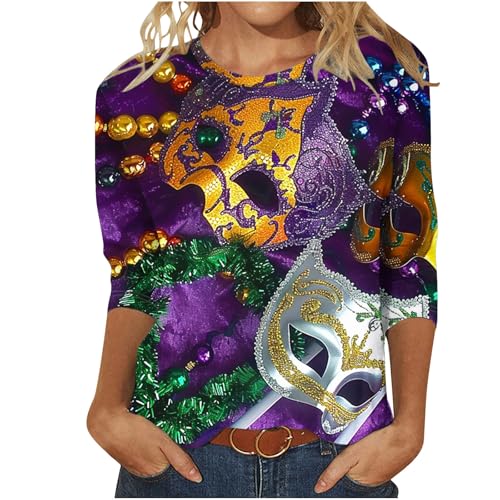 Komiseup Tshirt Damen Funny Mardi Gras Shirts 3/4 Ärmel Bluse Bunte 3D Maske Druck Sportshirt Slim Fit Rundhals Tunika Glitzer Pailletten-Print Pullover Baumwolle Longshirt Fasching Karneval Kostüm Komiseup Tshirt Damen Funny Mardi Gras Shirts 3/4 Ärmel Bluse Bunte 3D Maske Druck Sportshirt Slim Fit Rundhals Tunika Glitzer Pailletten-Print Pullover Baumwolle Longshirt Fasching Karneval Kostüm von Komiseup