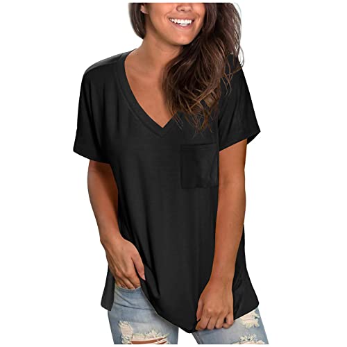 Komiseup Tshirt Damen Große Größen Sommer Lange Bluse Kurzarm V-Ausschnitt Oberteile Mode Farbverlauf Longbluse Elegant Einfarbig Pullover Casual Baumwolle Shirt Ärmellos Tanktop Teenager Mädchen Tops von Komiseup