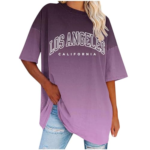 Komiseup Tshirt Damen Los Angeles Brief T-Shirt Kurzarm Sport Shirts Sommer Rundhals Oversize Oberteile mit Buchstaben Druck Lose Bluse Vintage Tunika Lang für Teen Girls Sweatshirt Pullover Top von Komiseup