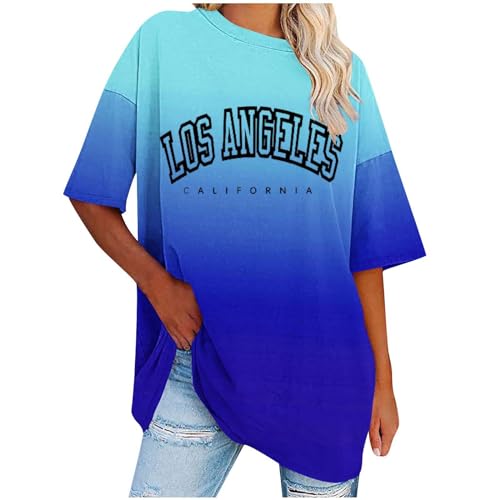 Komiseup Tshirt Damen Los Angeles Brief T-Shirt Kurzarm Sport Shirts Sommer Rundhals Oversize Oberteile mit Buchstaben Druck Lose Bluse Vintage Tunika Lang für Teen Girls Sweatshirt Pullover Top von Komiseup