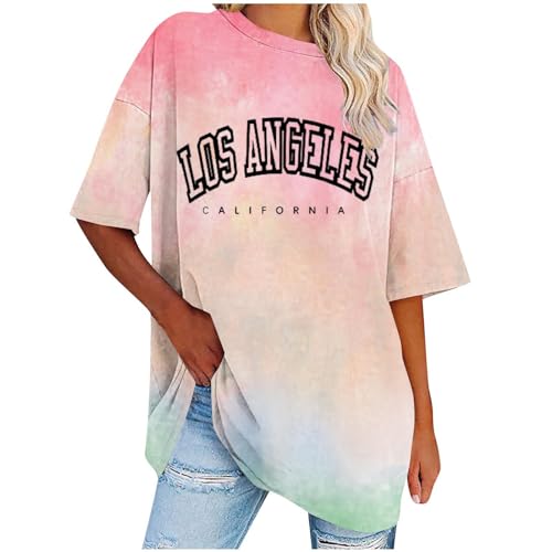 Komiseup Tshirt Damen Los Angeles Brief T-Shirt Kurzarm Sport Shirts Sommer Rundhals Oversize Oberteile mit Buchstaben Druck Lose Bluse Vintage Tunika Lang für Teen Girls Sweatshirt Pullover Top von Komiseup