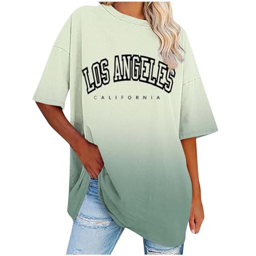 Komiseup Tshirt Damen Los Angeles Brief T-Shirt Kurzarm Sport Shirts Sommer Rundhals Oversize Oberteile mit Buchstaben Druck Lose Bluse Vintage Tunika Lang für Teen Girls Sweatshirt Pullover Top von Komiseup
