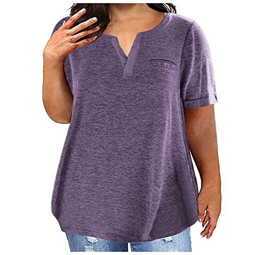 Komiseup Tshirt Damen Oversized Longshirt Sommer Kurzarm Longshirt Basic Einfarbig Shirts Große Größen Umstandstop Elegant V-Ausschnitt Bluse Unterhemd Baumwolle Tunika Tops Lässig Locker Sportshirt von Komiseup