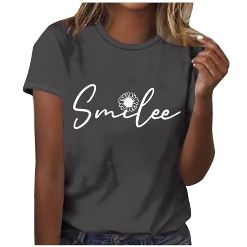 Komiseup Tshirt Damen Sommer 2024 Neu Oberteile Smile Druck Tunika Tops Kurzarm Rundhals T Shirt Lässige Baumwolle Sportshirt Teenager Mädchen Y2K Shirts Einfarbig Sommershirt Basic Locker Longbluse von Komiseup