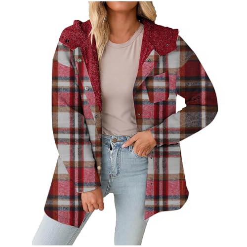 Komiseup Tweed Jacke Damen Flanell Karierte Hemdjacke Fleece gefütterte Winterjacke mit Kapuze Baggy Button Shackets Winter Tweed Übergangsjacke Elegant Karierte Wintermantel Einreihiger Kapuzenjacke Komiseup Tweed Jacke Damen Flanell Karierte Hemdjacke Fleece gefütterte Winterjacke mit Kapuze Baggy Button Shackets Winter Tweed Übergangsjacke Elegant Karierte Wintermantel Einreihiger Kapuzenjacke von Komiseup
