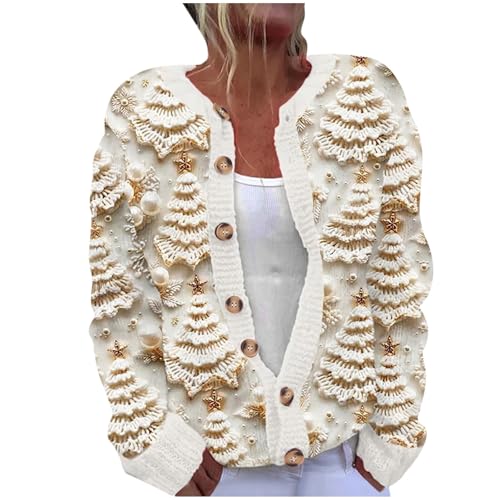 Komiseup Weihnachts Strickjacke Damen Weihnachten Strickmantel Winter Strickpullover mit Knöpfen Feinstrick Cardigan Große Größe Ugly Christmas Sweater Lustige Weihnachtsmotive Jacke Weihnachtspulli von Komiseup