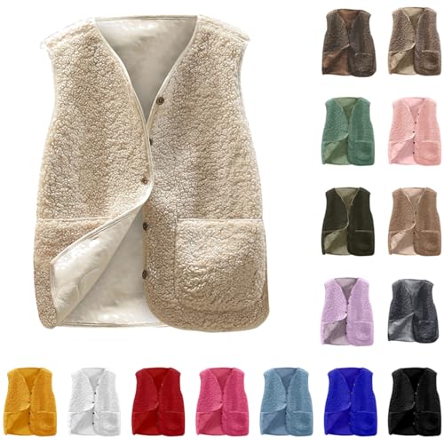 Komiseup Weste Damen Kurz Fleeceweste Teddy Fleece Plüschweste Herbst Winter Übergangsjacke Leicht Ärmellos Westen Warm Winterjacke mit Knöpfen Elegant Einfarbig Teddyweste Outdoor Plüsch Winterweste von Komiseup