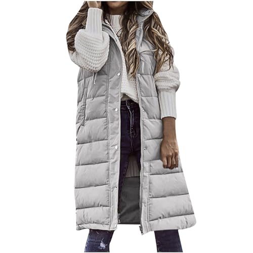 Komiseup Weste Damen Lang Steppweste Winter Daunenweste Übergangsweste Winterjacke Longweste Winterweste Leichte Warm Gesteppt Casual Reißverschluss Pufferjacke mit Kapuze Outdoor Daunenmantel von Komiseup