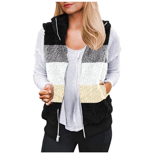 Komiseup Weste Damen Leicht Ärmellose Fleeceweste Teddy Fleece Plüschweste Herbst Winter Warm Steppweste mit Stehkragen Elegant Einfarbig Winterweste mit Kapuze Große Größen Übergangsjacke Cardigan von Komiseup