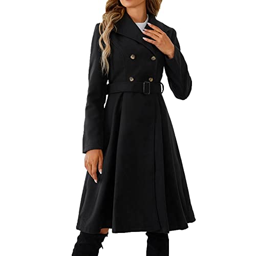 Komiseup Winter Mantel Damen Lang Schwarz Elegante A-Linie Wollmantel Damen Einfarbig zweireihiges Revers Wintermantel Trenchcoat mit Gürtel von Komiseup