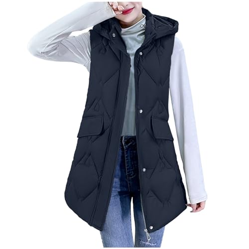 Komiseup Winterjacke Damen, Weste Damen, Übergangsjacke Damen, Steppweste Damen, Daunenweste Damen Lang Winter Baumwollweste Leichte Ärmellose Winterweste Warm Gesteppt Longweste mit Kapuze 36 von Komiseup