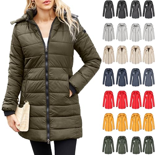 Komiseup Winterjacke Damen Lang Steppjacke Dick Warm Daunenmantel mit Kapuze Gefüttert Fleece Daunenjacke Einfarbig Pufferjacke Winterparka Große Größen Fleecejacke Kapuzenjacke Outdoor Wintermantel von Komiseup