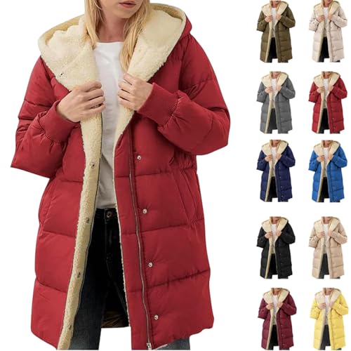 Komiseup Winterjacke Damen Lang Steppjacke Dick Warm Fleecejacke mit Kapuze Gefüttert Fleece Daunenjacke Einfarbige Pufferjacke Gepolsterte Winterparka Große Größen Kapuzenjacke Outdoor Wintermantel von Komiseup