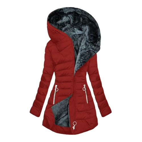 Komiseup Winterjacke Damen Lang Steppjacke Dicke Warm Fleecejacke mit Kapuze Gefüttert Fleece Daunenjacke Elegant Einfarbige Pufferjacke Outdoor Winterparka Große Größen Kapuzenjacke Wintermantel von Komiseup