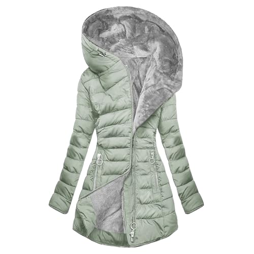 Komiseup Winterjacke Damen Lang Steppjacke Dicke Warm Fleecejacke mit Kapuze Gefüttert Fleece Daunenjacke Elegant Einfarbige Pufferjacke Outdoor Winterparka Große Größen Kapuzenjacke Wintermantel von Komiseup