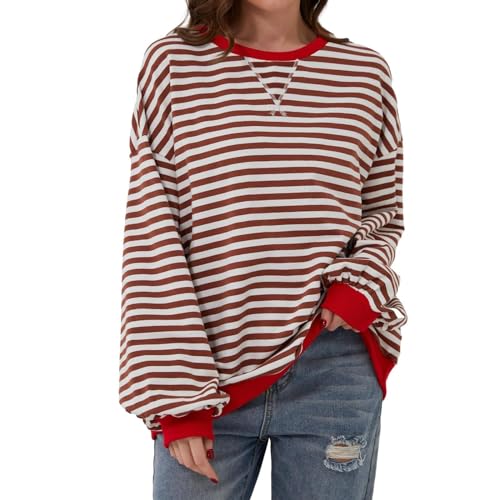 Komiseup Women Striped Color Block Oversized Sweatshirt Crew Neck Long Sleeve Shirt Ribbed Neck Pullover Drop Shoulder Top Casual Loose Fit Sweater Klamotten Teenager Mädchen Trend Damen Streetwear von Komiseup